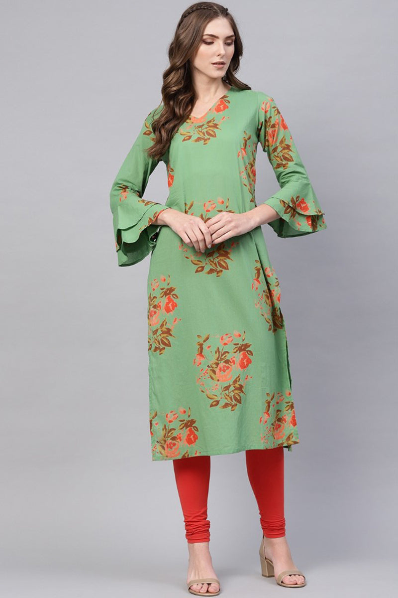   Regular Wear Cotton Fabric Printed Sea Green Color Simple Kurti