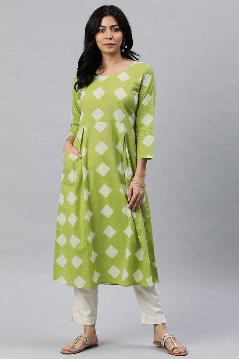   Green And White Cotton Printed A Line Kurta