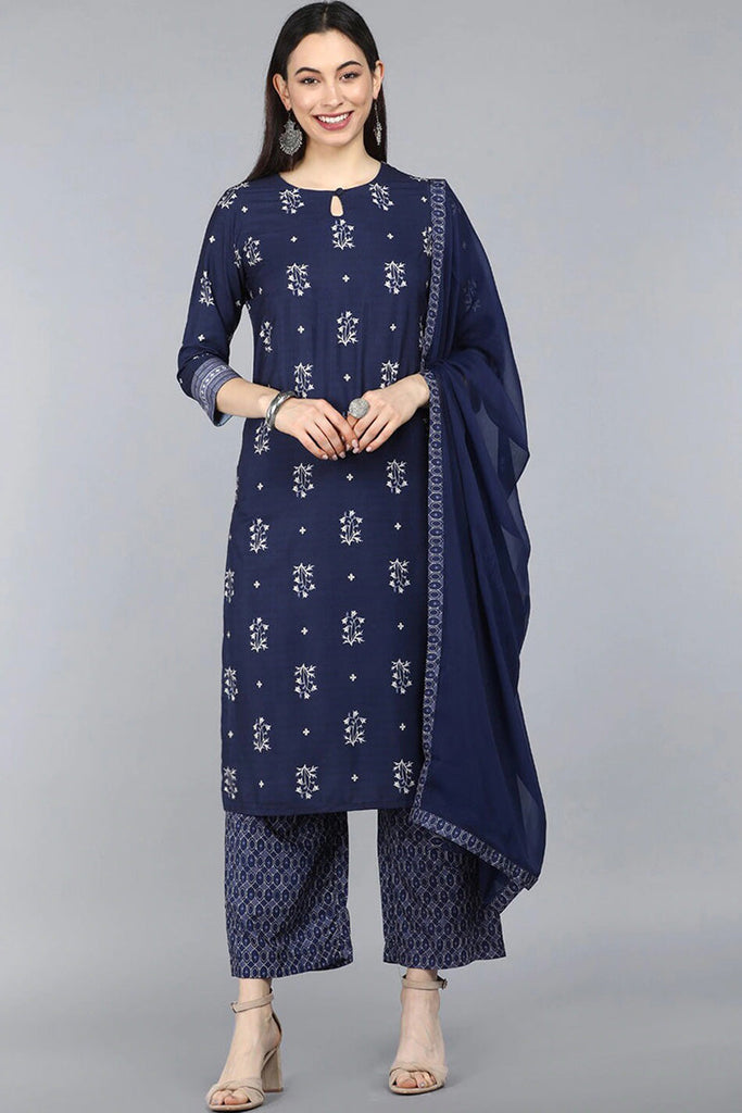  Women Navy Blue Floral Printed Kurta Set With Dupatta