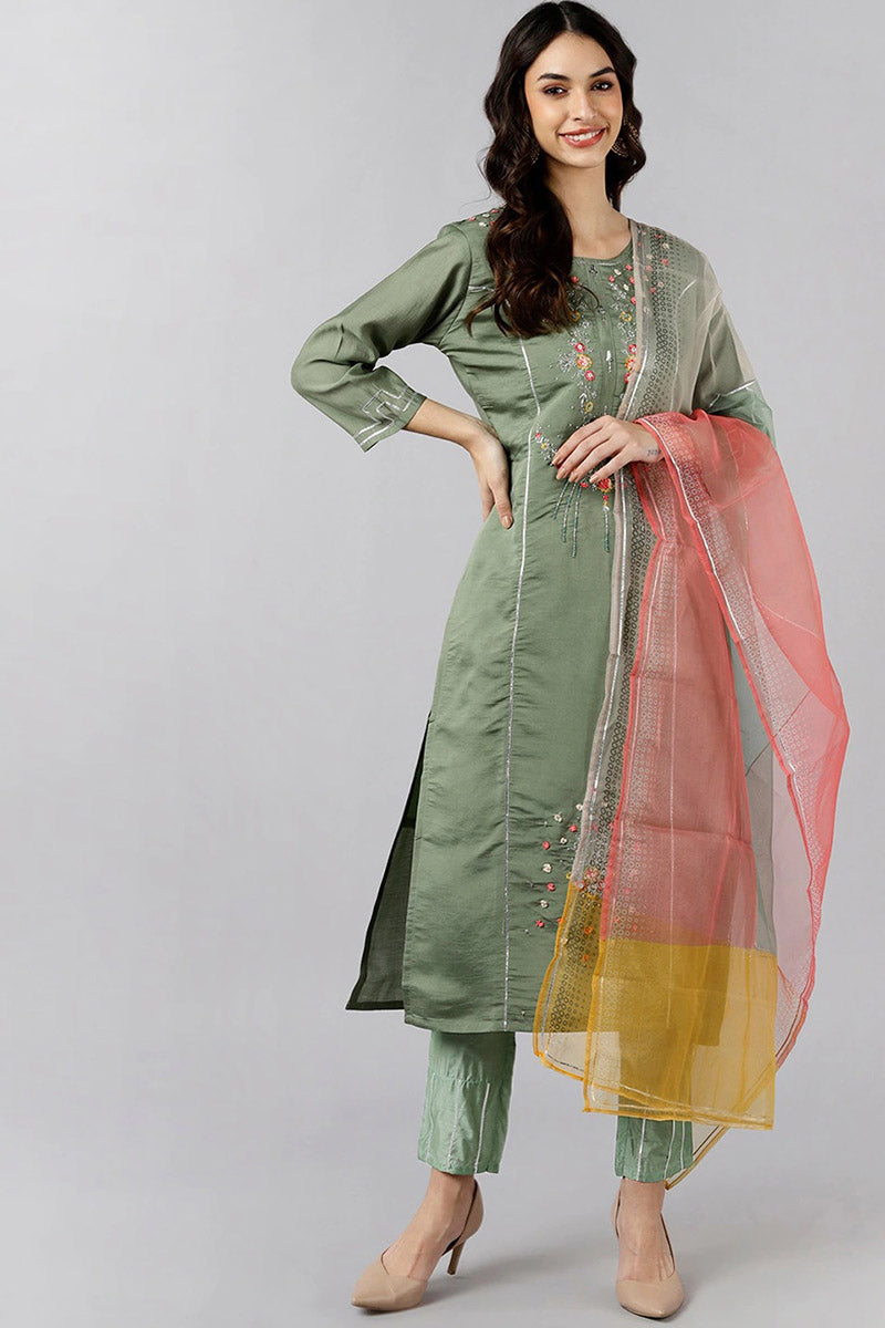  Women Olive Solid Embroidered Kurta Trousers With Dupatta