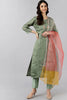  Women Olive Solid Embroidered Kurta Trousers With Dupatta