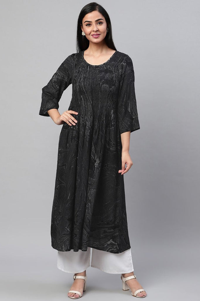   Black Abstract Printed Gathered A Line Kurta