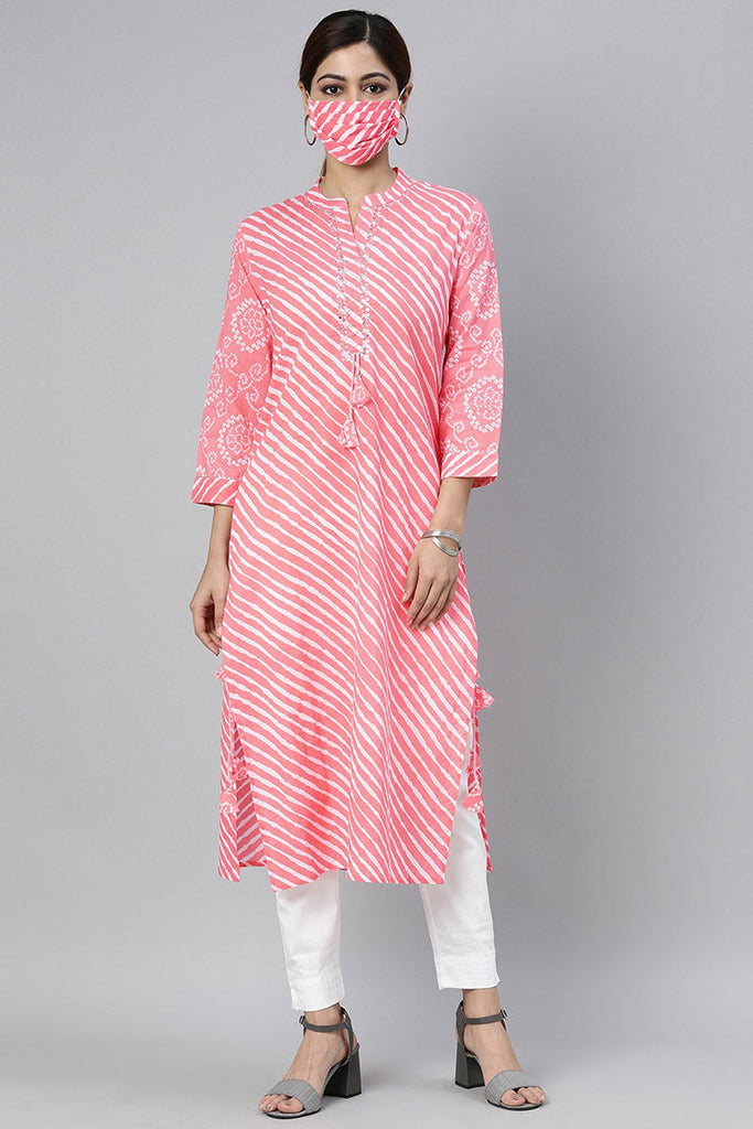  Women Pink Leheriya Printed Kurta