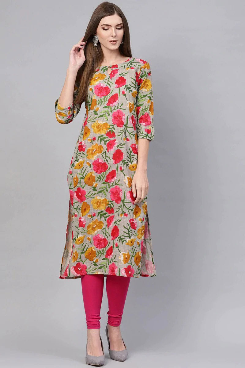   Printed Grey Cotton Fabric Kurti