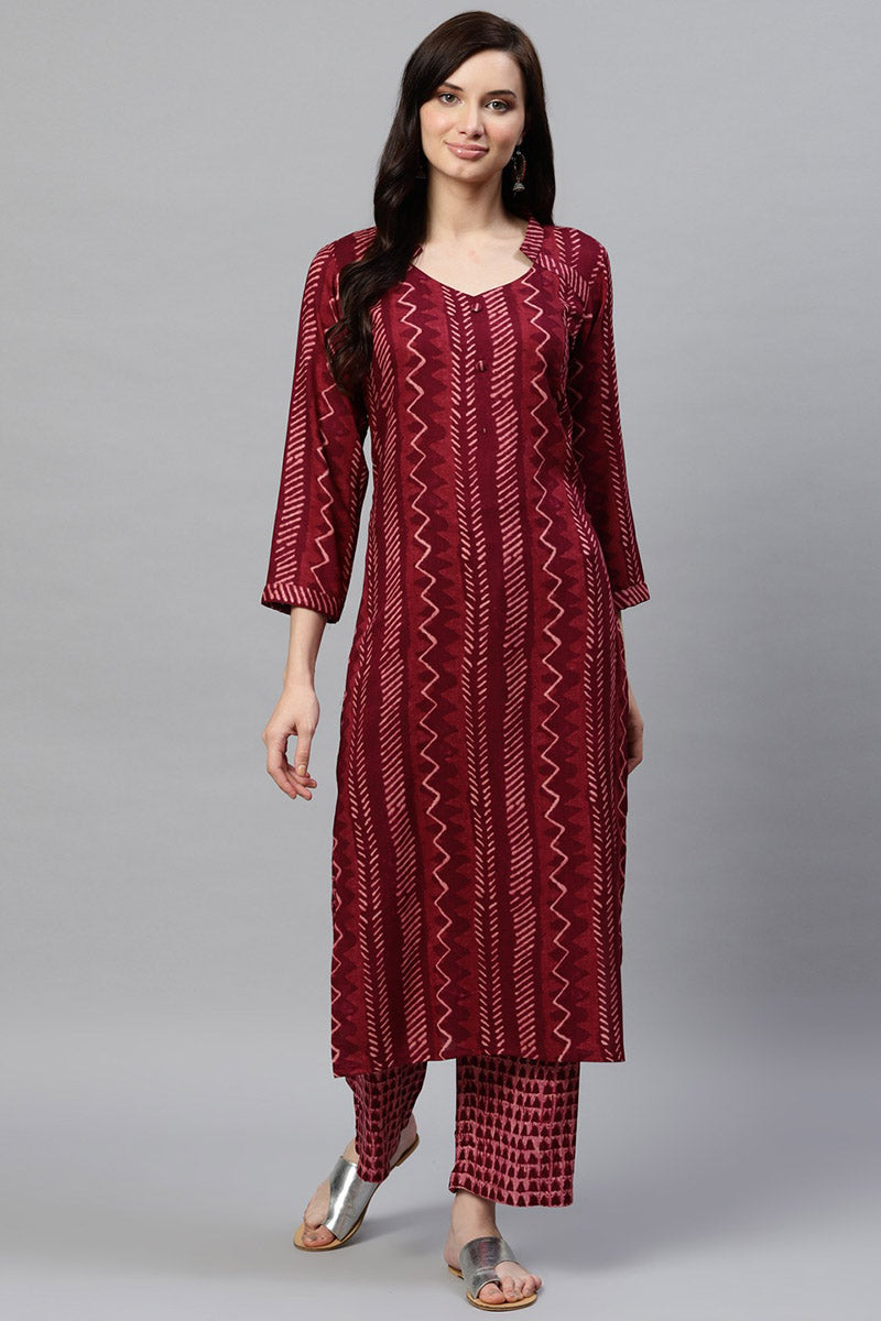   Regular Wear Cotton Fabric Printed Maroon Color Simple Kurta And Palazzo Set