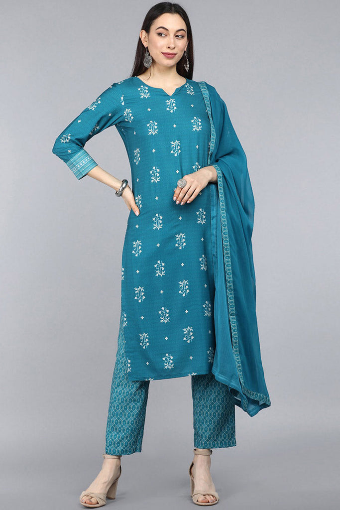 Teal Blue Poly Crepe Ethnic Motifs Straight Suit Set PKSKD1091