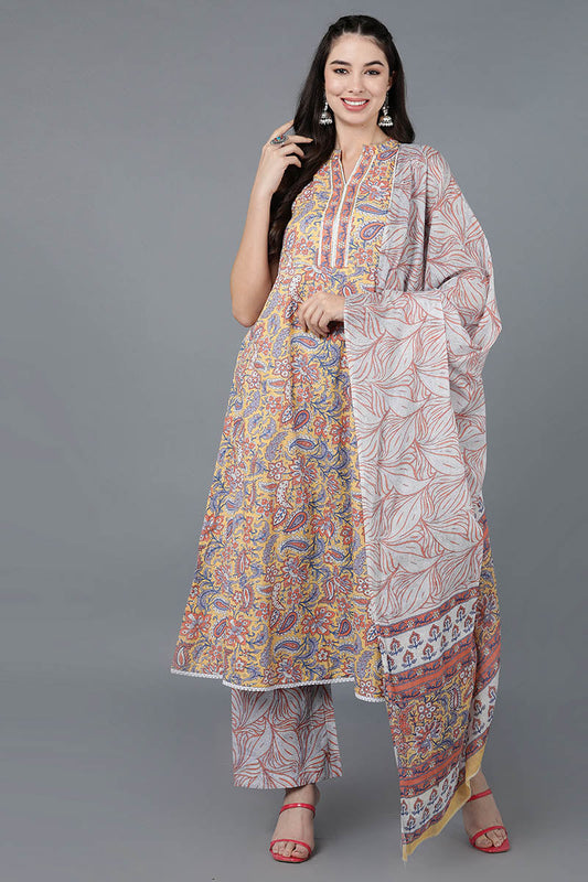  Women Yellow Pure Cotton Printed Kurta Palazzos With Dupatta 