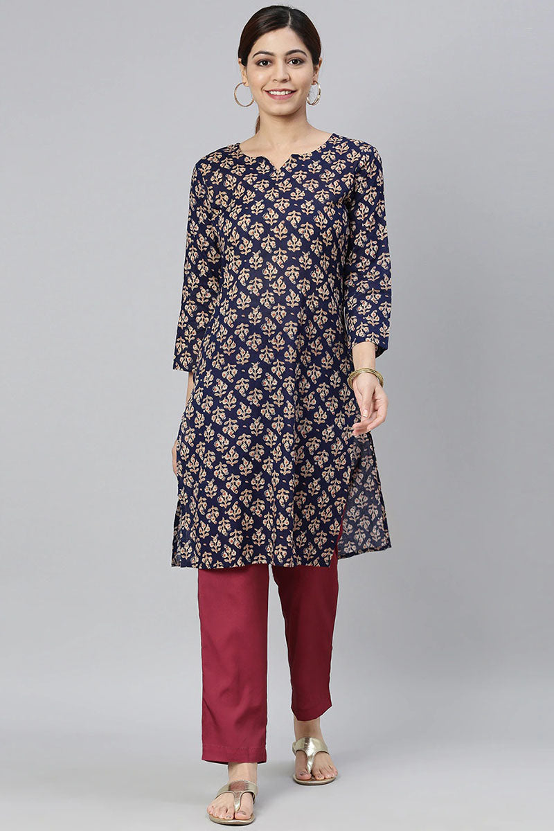  Women Navy Blue & Beige Ethnic Motifs Printed Kurta