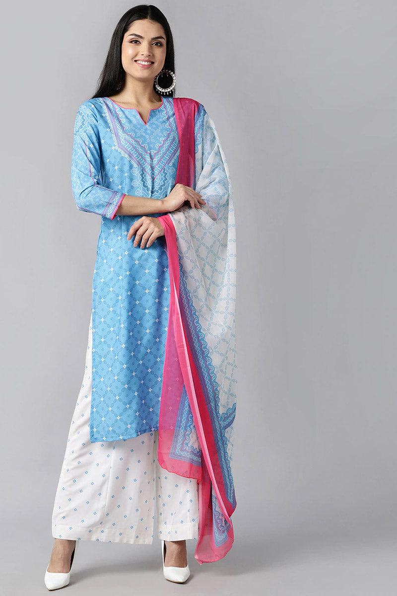  Women Blue Ethnic Motifs Printed Panelled Kurta with Skirt With Dupatta Set