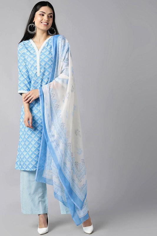  Women Blue White Floral Printed Regular Kurta with Trousers Dupatta Set