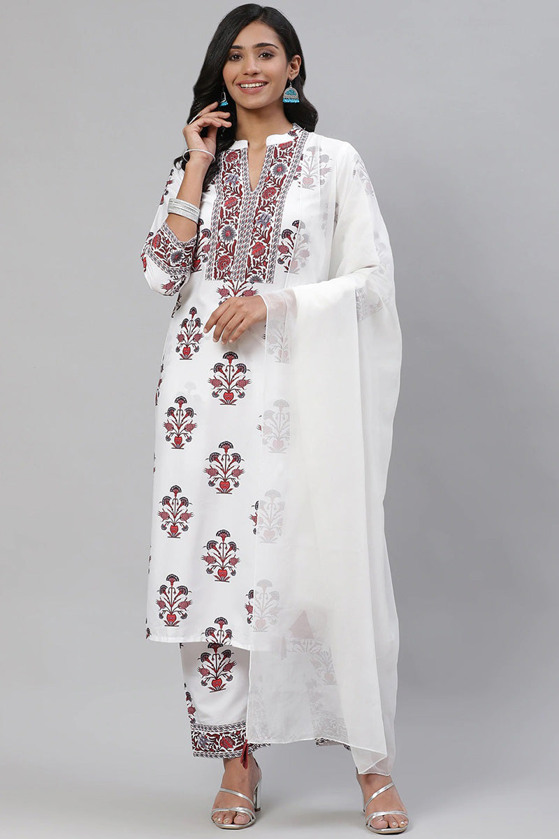  Women White Maroon Ethnic Printed Regular Kurta with Trousers With Dupatta