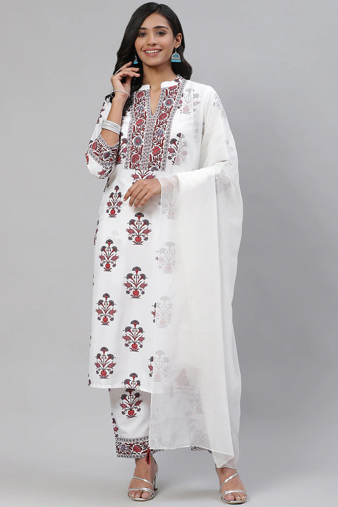  Women White Maroon Ethnic Printed Regular Kurta with Trousers With Dupatta