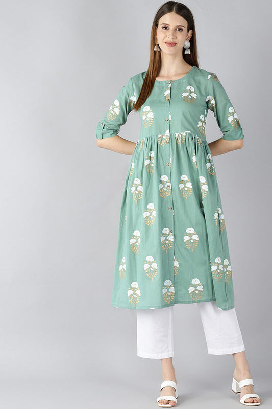   Cotton Green Floral Printed A Line Kurti