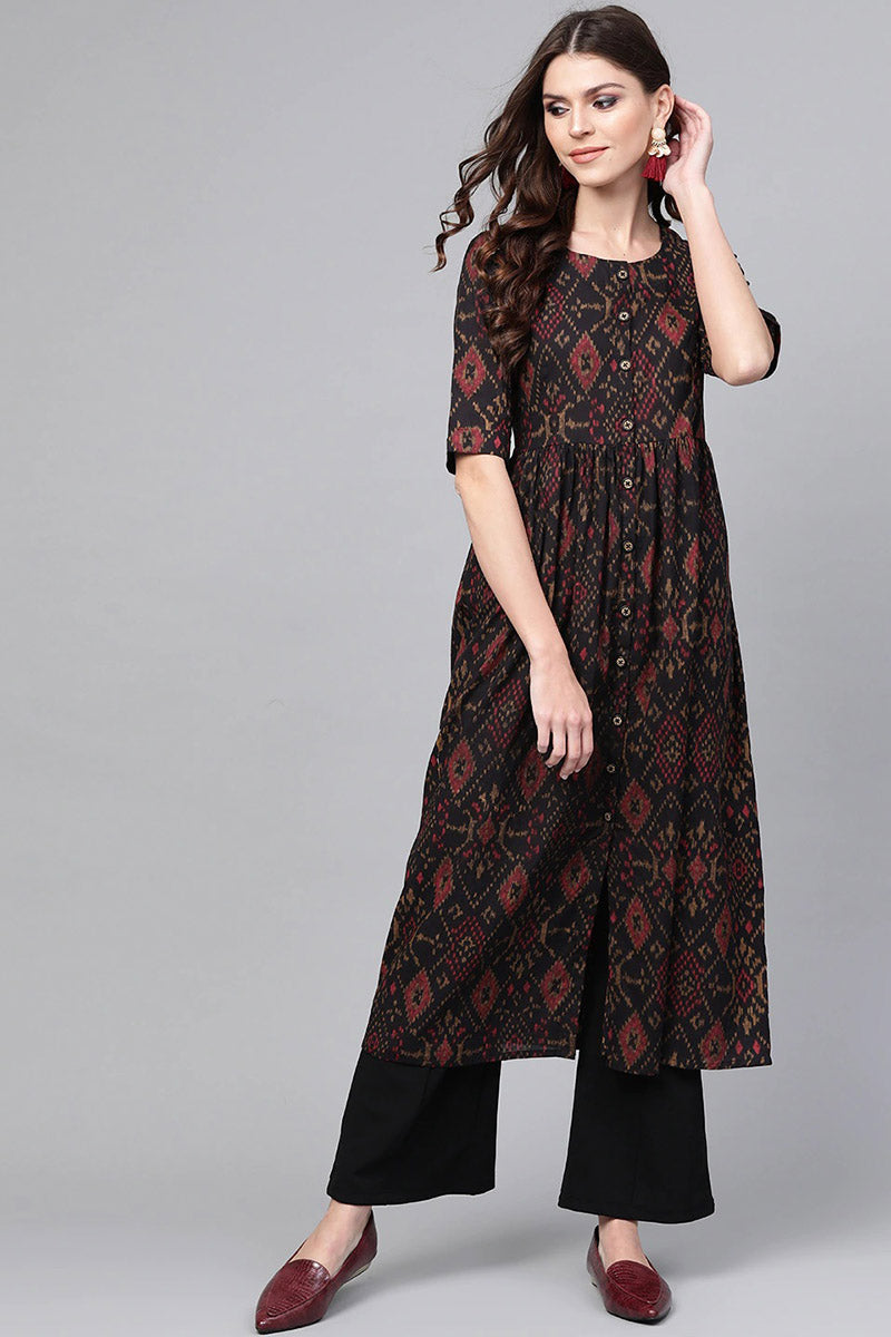 Black & Maroon color cotton fabric Printed A-Line Kurta