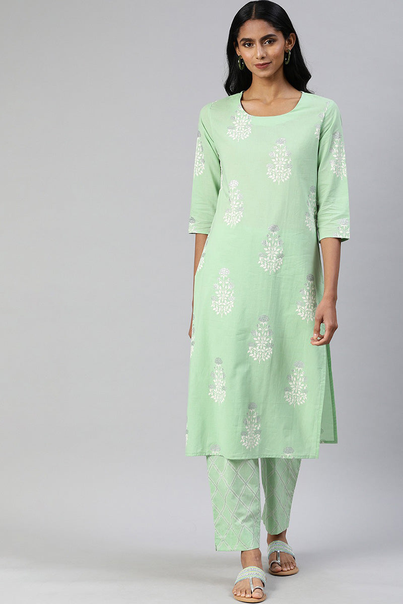  Women Sea Green White Printed Kurta with Pyjamas Set