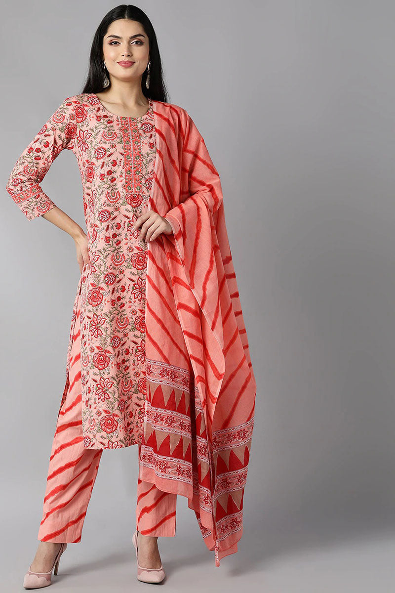  Women Peach Coloured Ethnic Motifs Printed Cotton Kurta with Trousers Dupatta Set