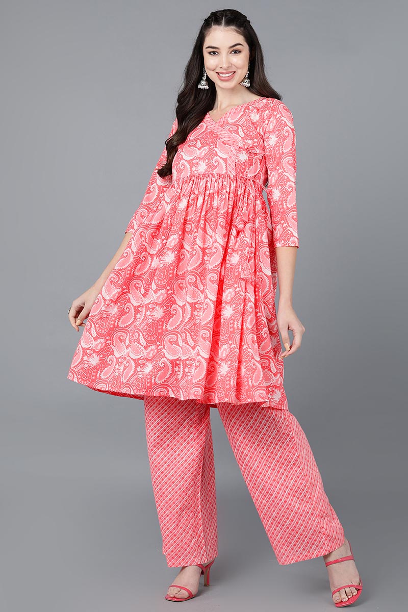  Women Pink Pure Cotton Printed Kurta Trousers