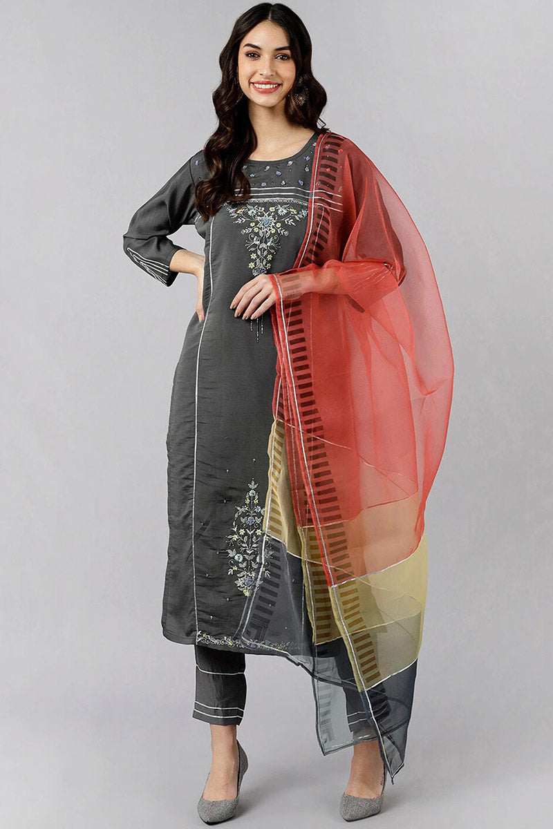  Women Grey Solid Embroidered Kurta Trousers With Dupatta