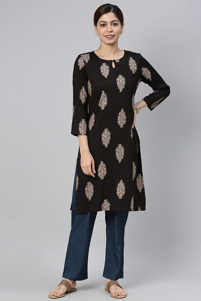  Women Black Floral Printed Keyhole Neck Kurta