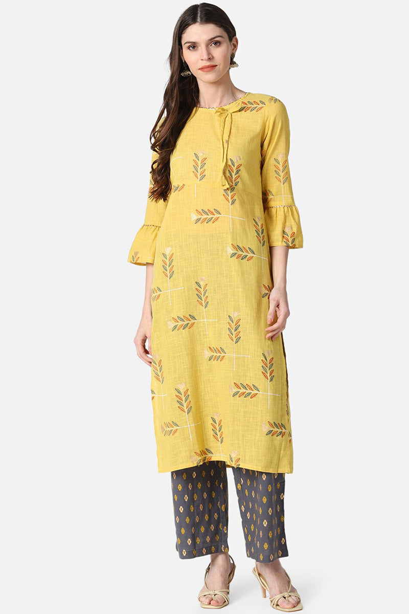   Regular Wear Fabric Printed Light Yellow Kurta Palazzo Set