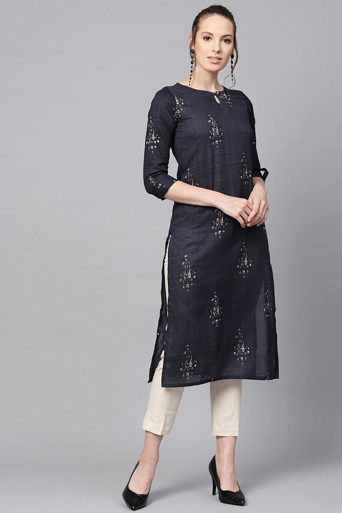   Navy Blue and Off-White color Printed Straight Kurta