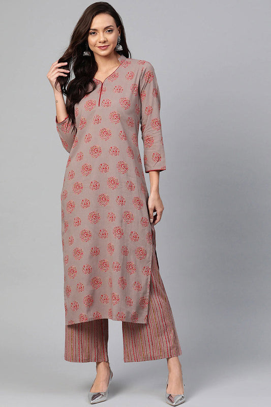   Regular Wear Cotton Fabric Printed Wine Color Simple Kurta And Palazzo Set