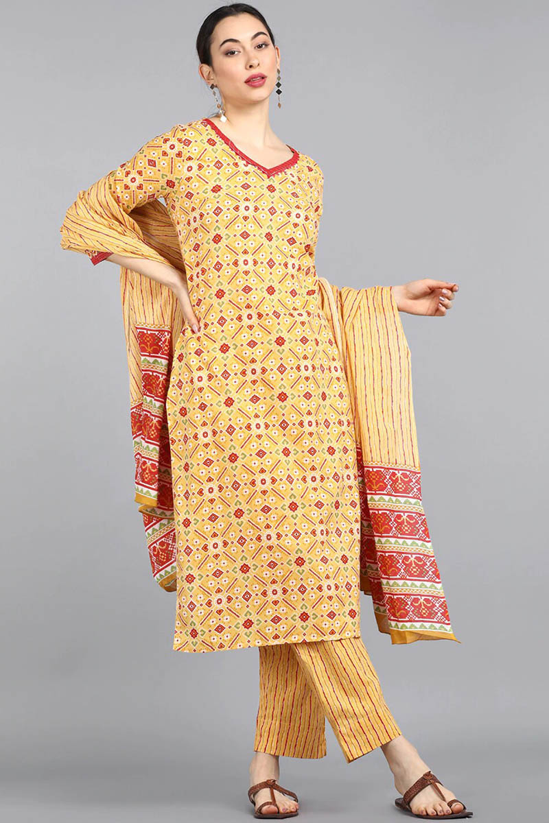  Women Yellow Pink Ethnic Motifs Printed Pure Cotton Kurta With Trousers Dupatta Set