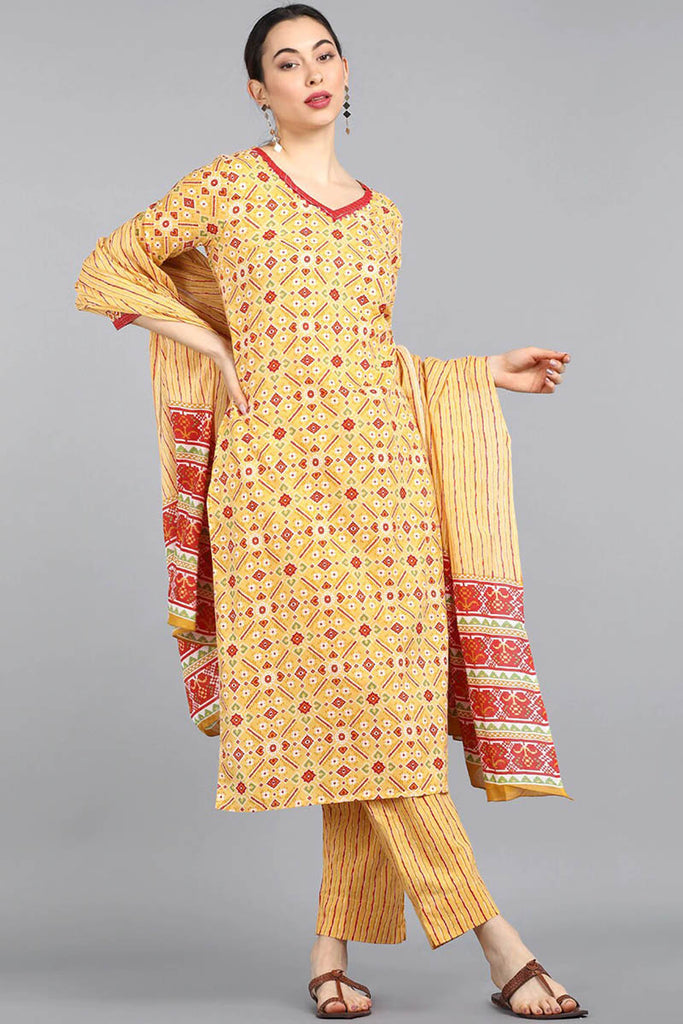  Women Yellow Pink Ethnic Motifs Printed Pure Cotton Kurta With Trousers Dupatta Set