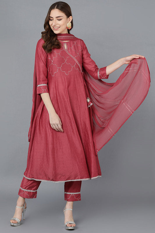  Women Red Poly Silk Embroidered Kurta Trousers With Dupatta