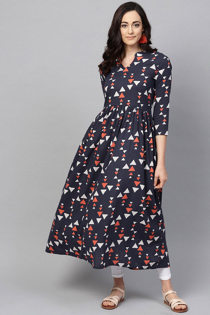  Women Navy Blue & Orange Printed A Line Kurta