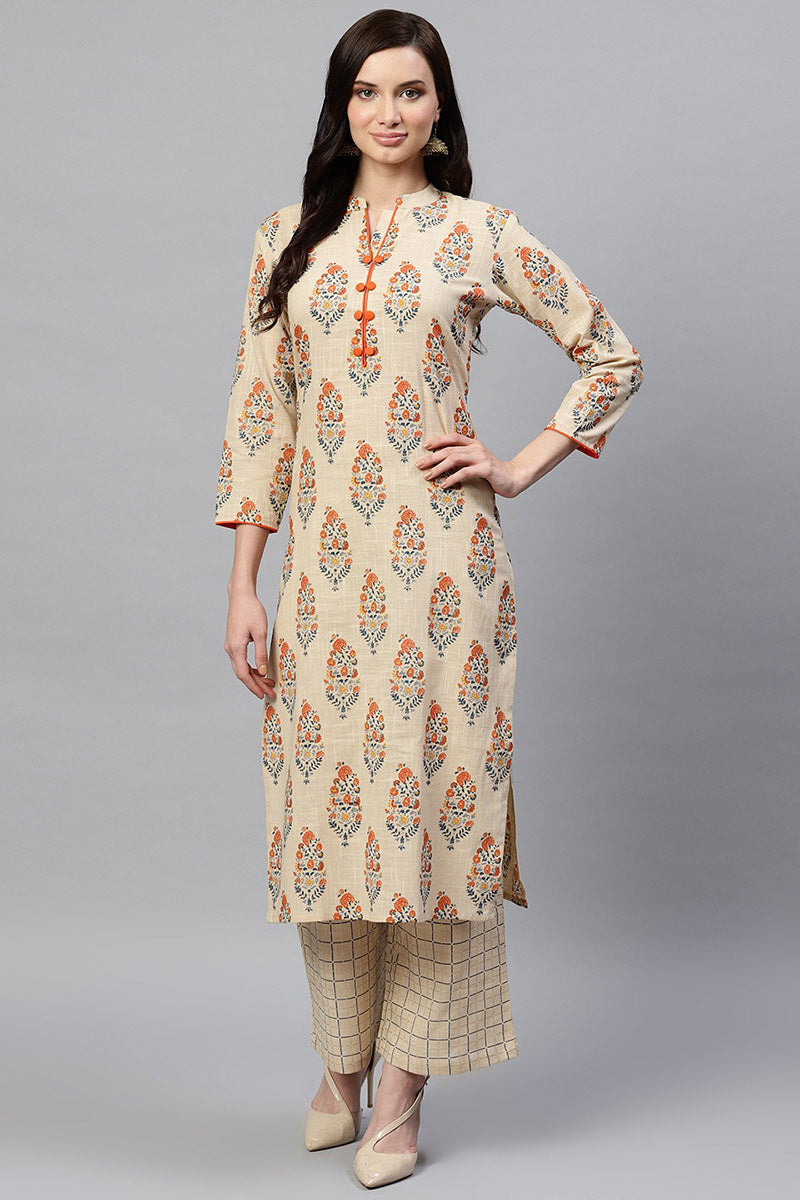   Beige Color Function Wear Cotton Fabric Printed Kurta And Palazzo Set