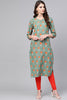   Casual Wear Cotton Fabric Sea Green Printed Trendy Kurti