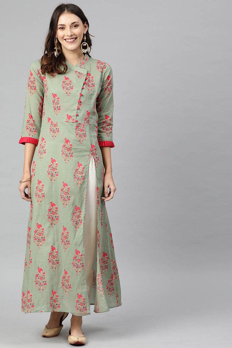   Green And Red Printed A Line Kurta