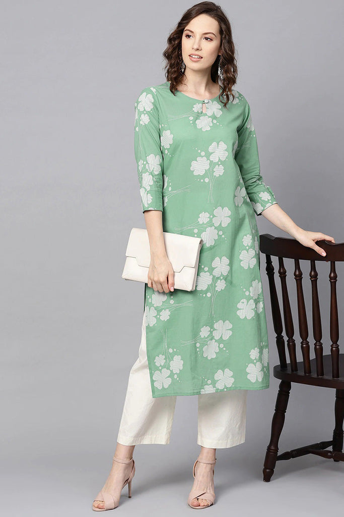   Cotton Green Floral Printed Straight Kurta