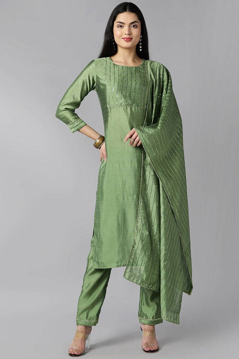  Women Green Yoke Design Regular Kurta with Trousers With Dupatta Set