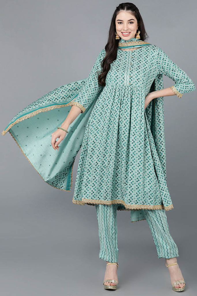  Women Sea Green Cotton Blend Printed Kurta Trousers With Dupatta 