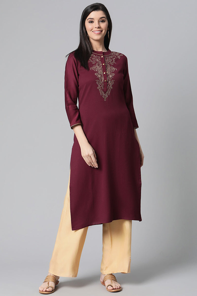   Magenta Yoke Design Embroidered Straight Kurta