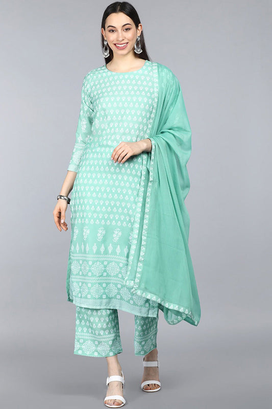  Women Sea Green Floral Printed Kurta with Trousers Dupatta