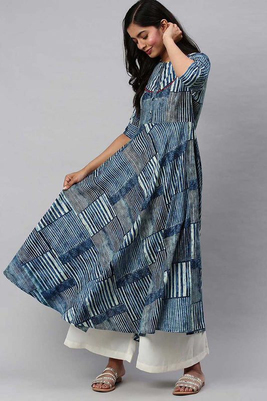   Navy Blue And White Striped A Line Kurta