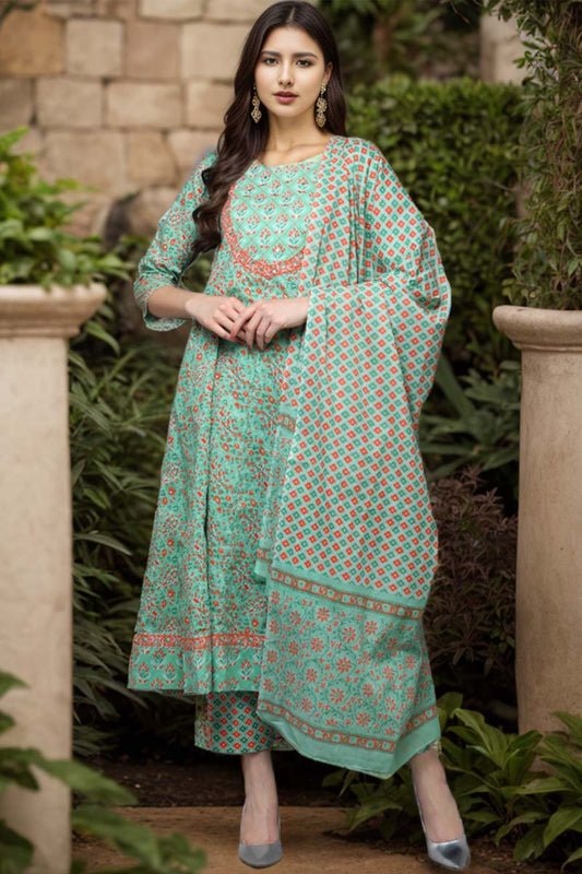 Green Pure Cotton Ethnic Motifs Anarkali Suit Set VKSKD1932