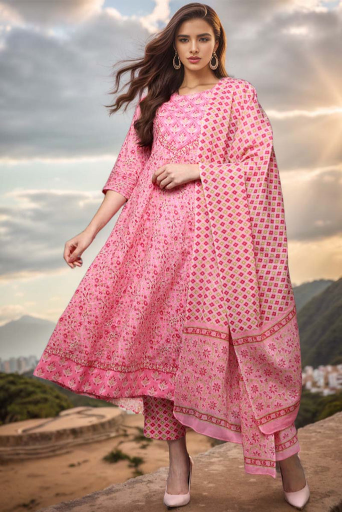 Pink Pure Cotton Floral Anarkali Suit Set VKSKD1930