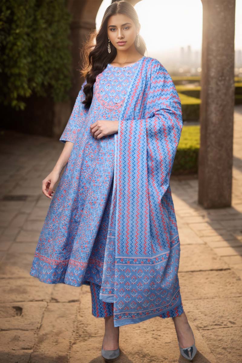 Blue Pure Cotton Ethnic Motifs Anarkali Suit Set VKSKD1931