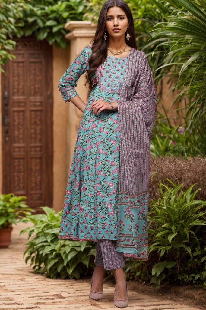 Blue Pure Cotton Printed Flared Suit Set VKSKD1968