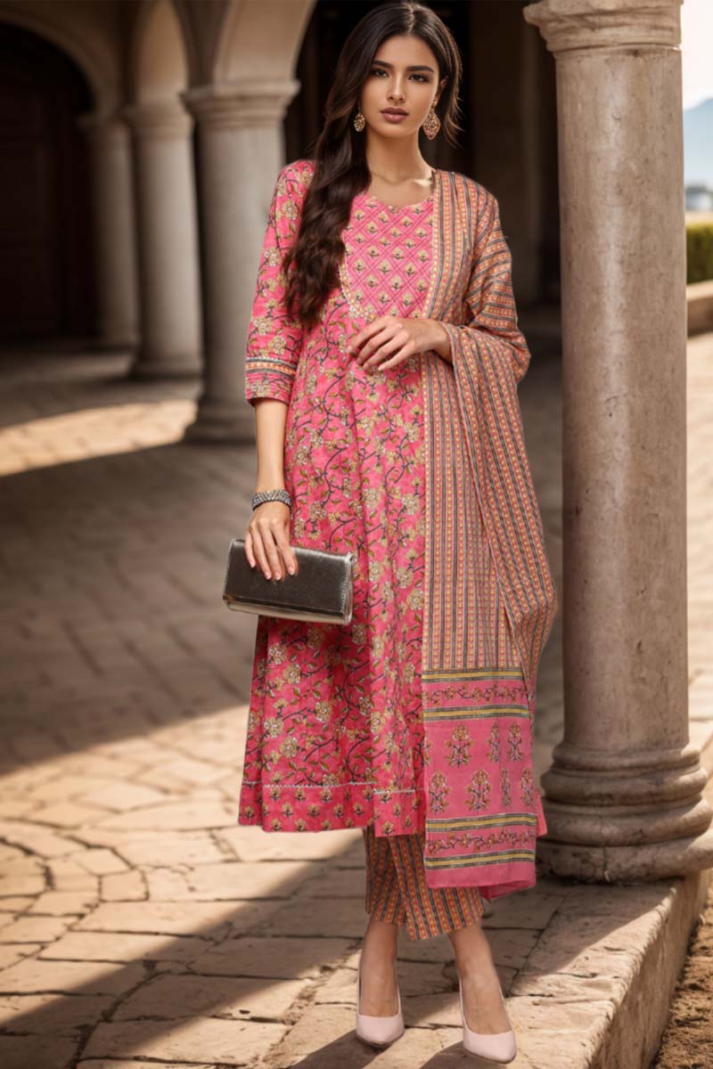 Pink Pure Cotton Printed Flared Suit Set VKSKD1973