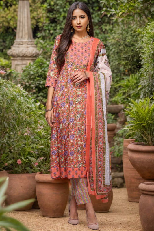 Peach Pure Cotton Printed Flared Suit Set VKSKD1974