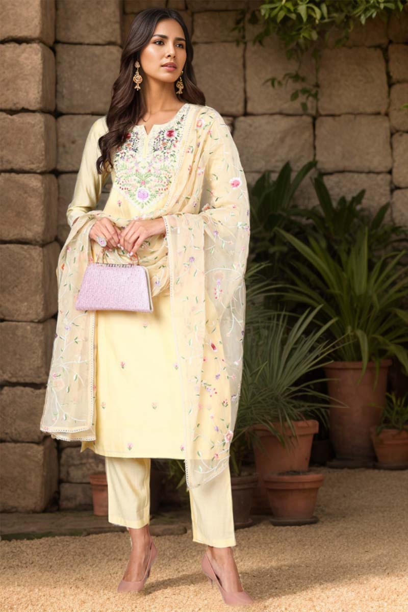 Yellow Silk Blend Solid Embroidered Straight Suit Set PKSKD2011