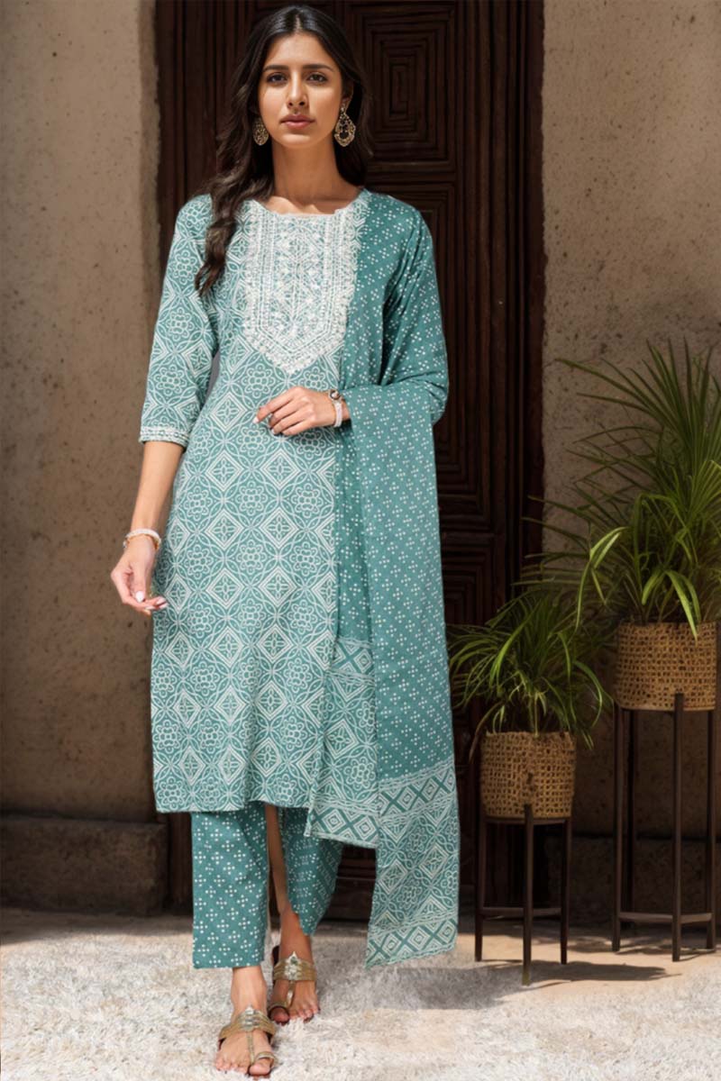 Green Pure Cotton Bandhani Printed Straight Suit Set VKSKD1985