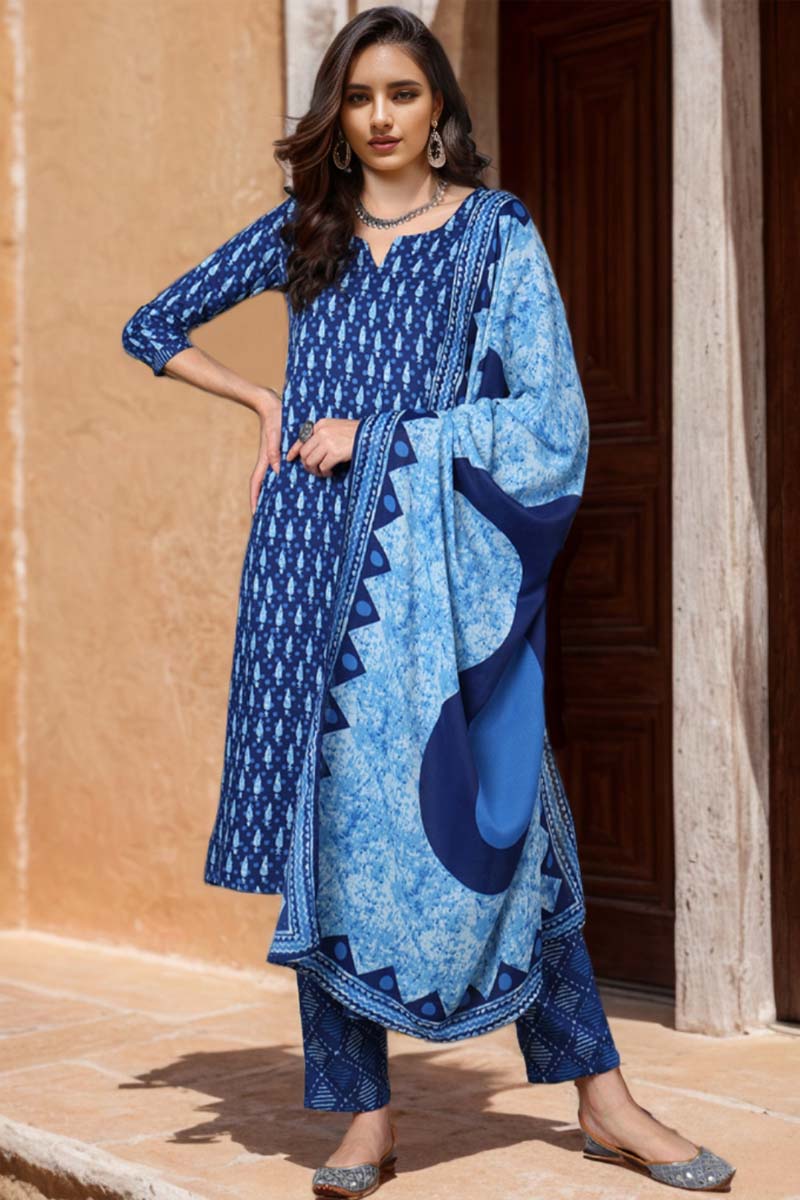 Blue Rayon Blend Ethnic Motifs Printed Straight Suit Set VKSKD2150