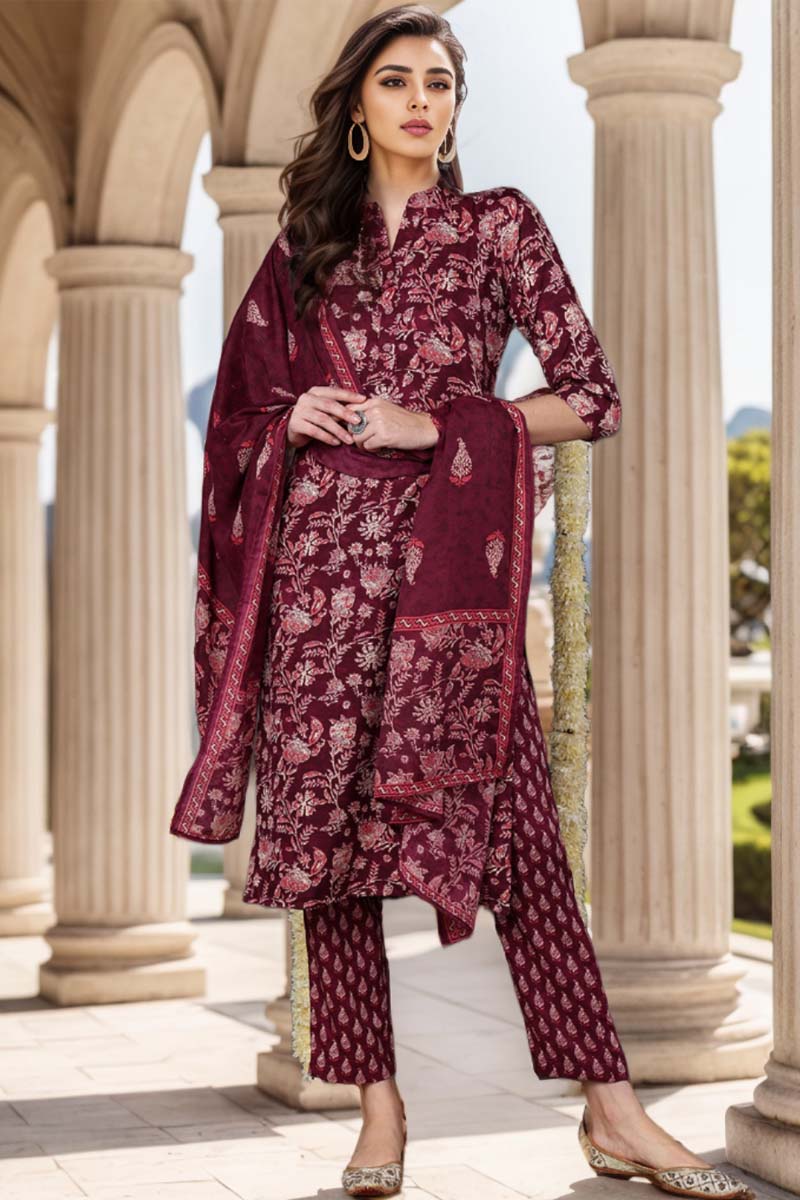 Maroon Rayon Blend Floral Printed Straight Suit Set VKSKD2149