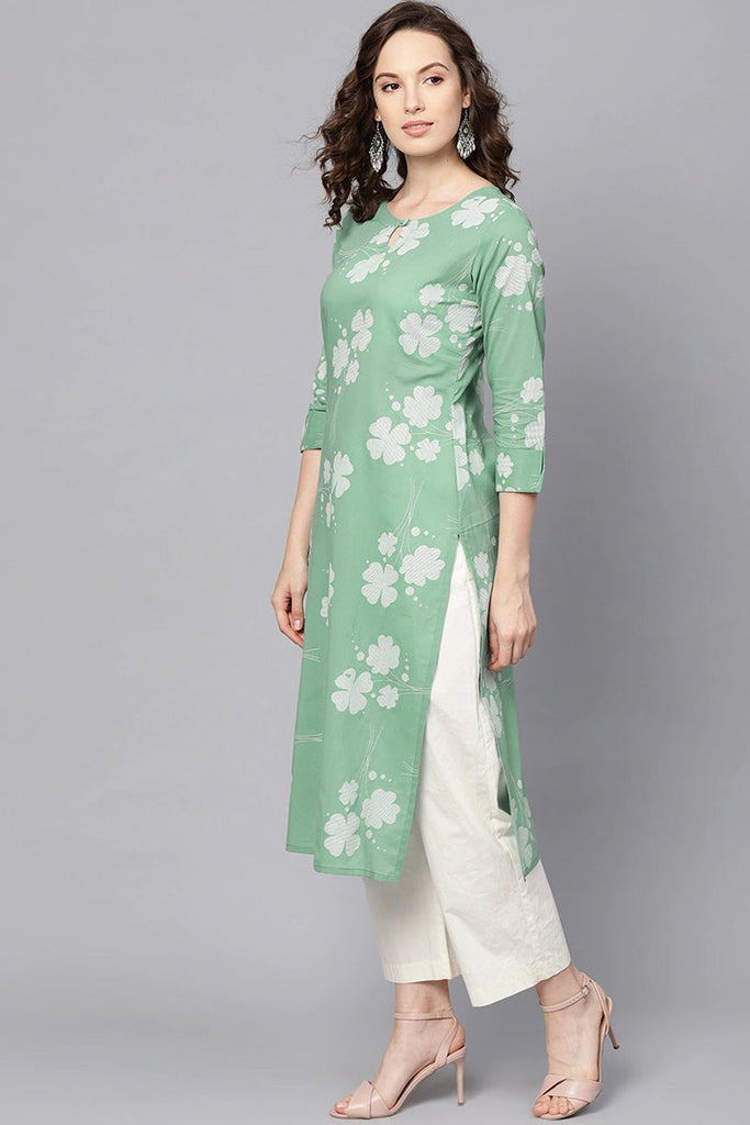   Cotton Green Floral Printed Straight Kurta